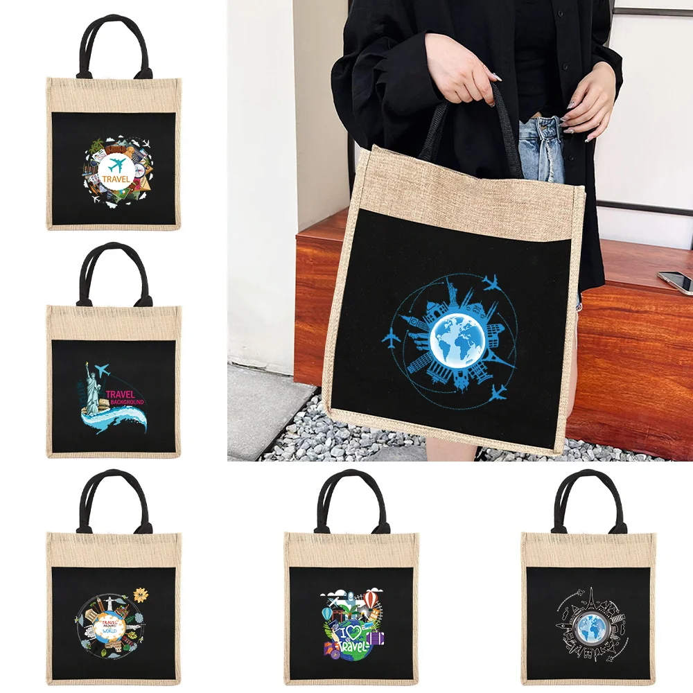 Shopper Bags Reusable Linen Shopping Bags Women's Tote Grocery Shopping Bag Travel Series Convenient Picnic Bag Supermarket