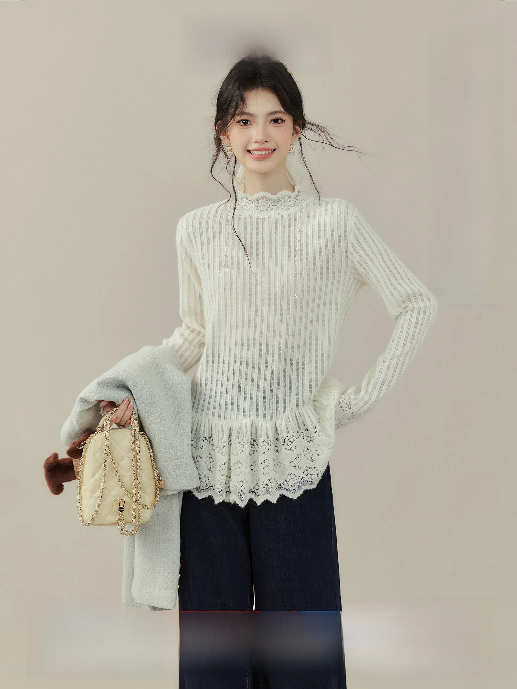 

Женская футболка-базовый слой Long Sve с кружевной отделкой, повседневная, облегающая, дышащая, для осени, Lyu xiu