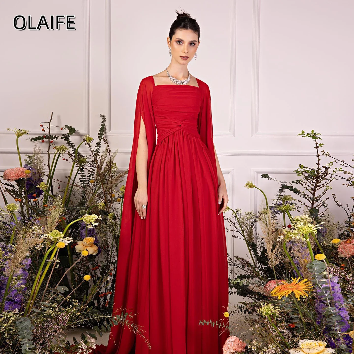 

Elegant Chiffon Long Cape Sleeves Square Collar A-Line Formal Party Gowns Customized Prom Dresses Zipper платье на выпускной