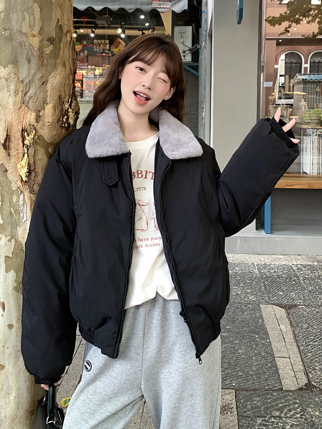 

Winter ort Cotton Jaet Women's Korean Sle Small Size Warm Loose Versatile Retro Fur Collar Cotton Coat Outerwear