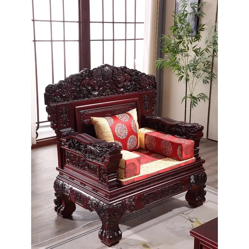 Chinese antique full solid wood carving flower sofa combination size apartment living room Ming and Qing classical full red pear