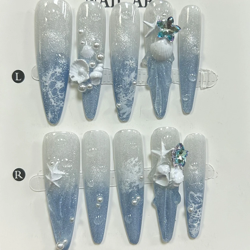 

Summer Blue Sea Mermaid Long Oval Press On Nails Handmade Pearls Starfish Nail Art Beach Essentials Glitter Cat Eye Fake Nails