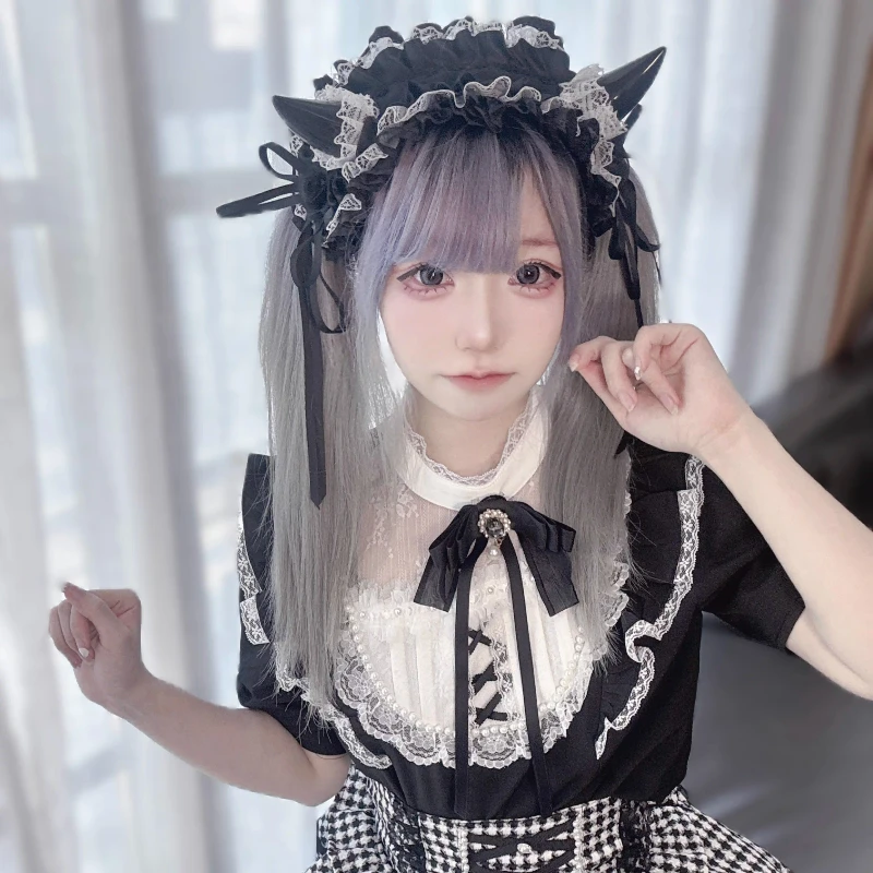 Japanese Gothic Lolita Style Shirts Women Kawaii Cute Lace Bow Ruffle Puff Short Sleeve Blouses Vintage Y2k Aesthetic Grunge Tee