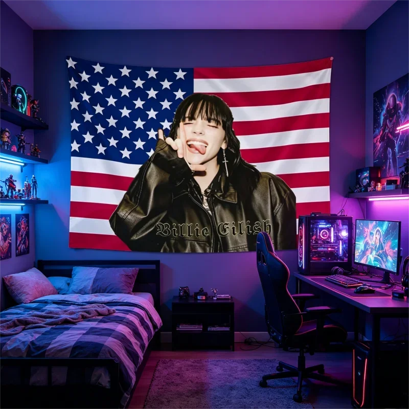VIKAMA Billie Eilish Wandteppich im Hip-Hop-Stil, amerikanische Flagge, Wandbehang, für Fans, Schlafzimmer, Wohnzimmer, Heimdekoration – Detail 6