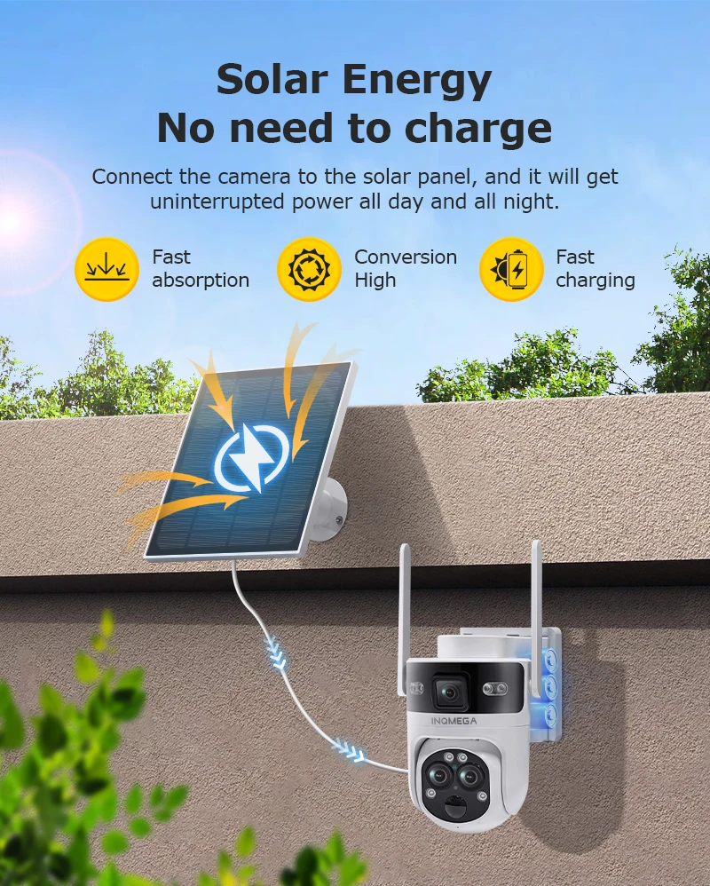 INQMEGA 8MP 4K 15X ZOOM Solar Camera 4G SIM/WIFI Three Lens Recording Dual 24-Hour Screen PIR Detection Auto Tracking Camera