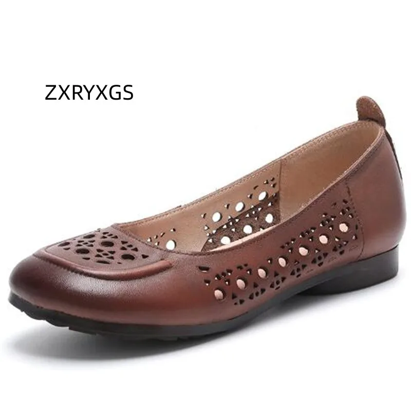 

ZXRYXGS 2023 Summer Autumn Premium Genuine Leather Hollow Hole Shoes Breathable Sandals Comfortable Flat Shoes Woman Large Size