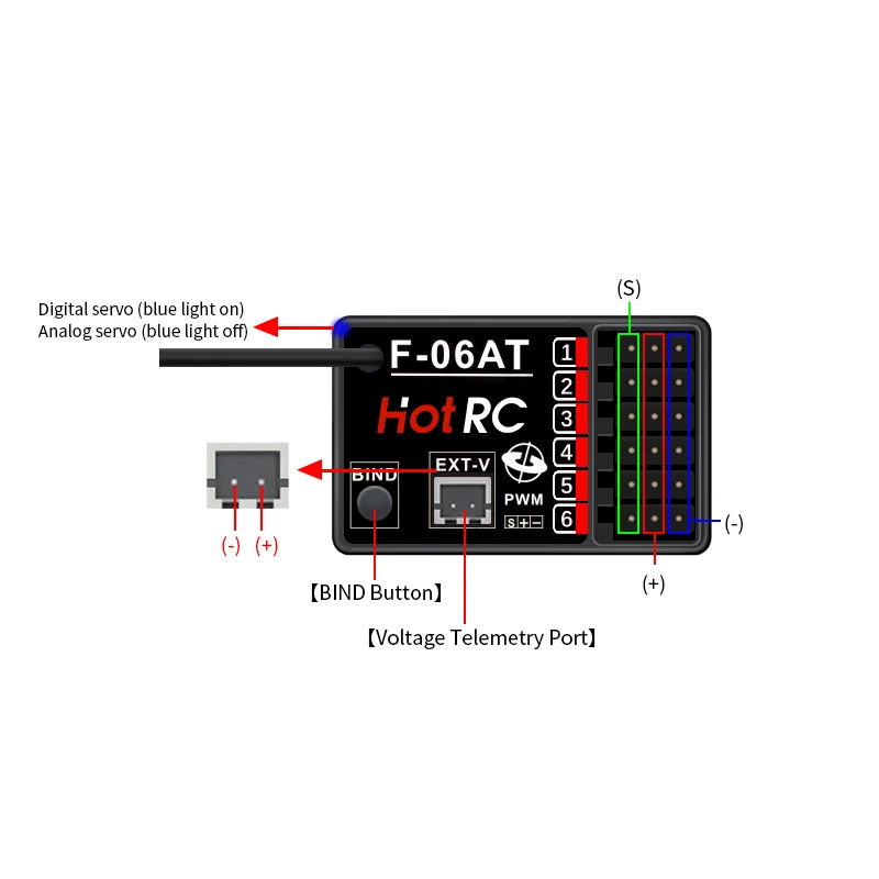 HOTRC F-06AT 6CH 2.4G Gyro Receiver 4-9V for Transmitter CT-6A CT-8A CT-10B HT-8A HT-10A DS650 DS800 Remote Controller RC Car