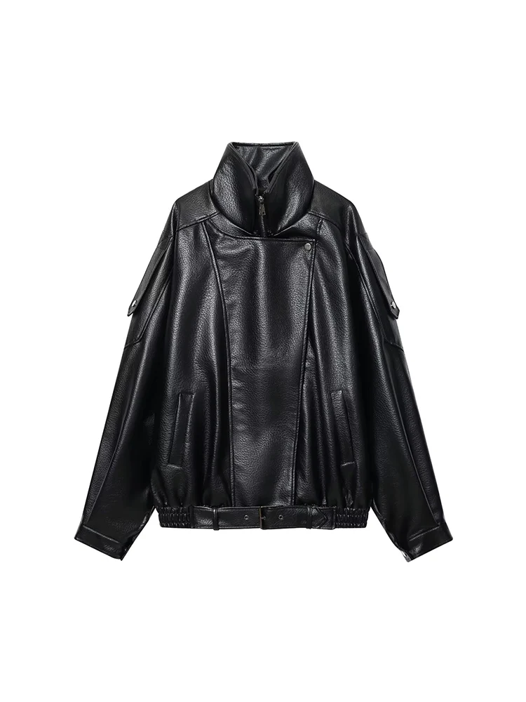 Chaqueta de cuero con doble cuello y cinturón de color sólido con temperamento versátil a la moda para mujer de estilo europeo