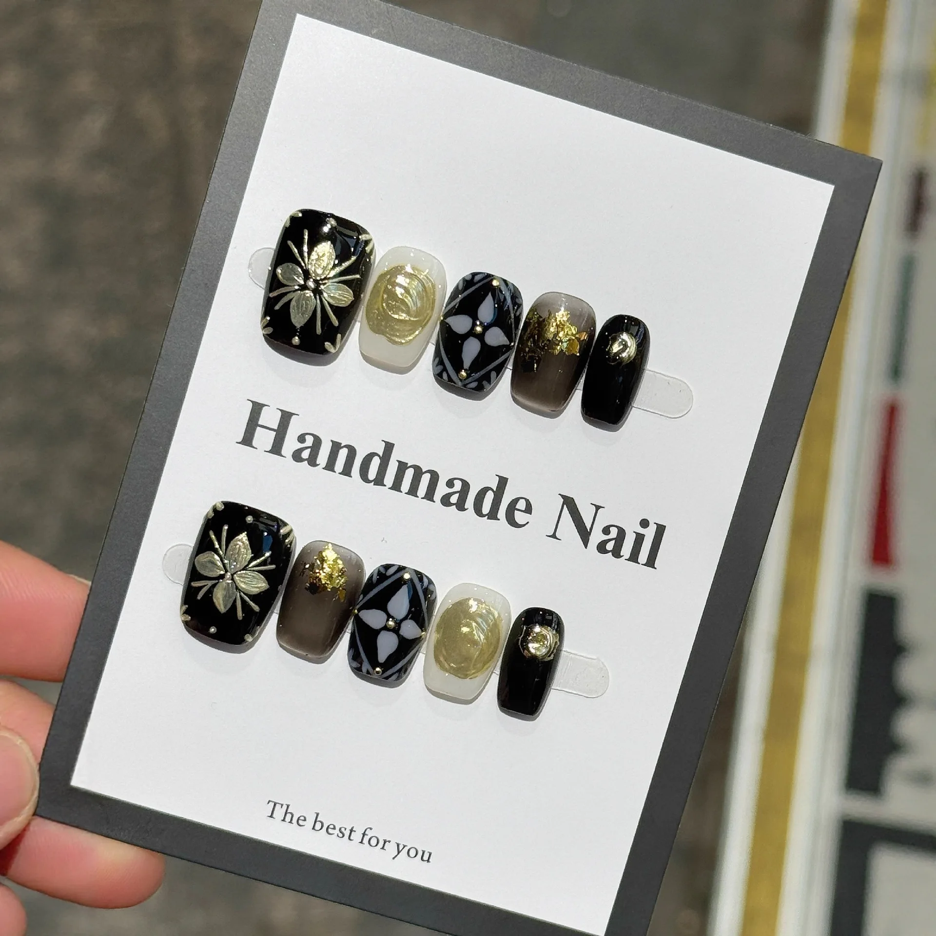 10 pçs misterioso escuro curto imprensa em unhas com brilho de prata dourado retro arte do prego pintado à mão wearable acabado ferramentas de unhas