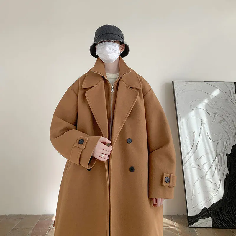 

Korean Sle Thiened Woolen Coat Men's Autumn Winter Jaet Double Layer Collar Button Decorated Loose Fit Youth Faion