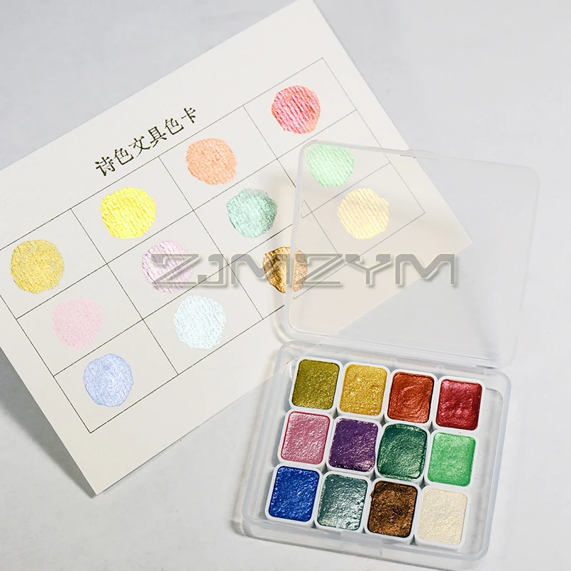 12 สี Pearlescent สีน้ํา 1ml Pigment คู่มือ Solid สีน้ําชุดสีทึบกล่องสําหรับเล็บตกแต่งภาพวาด