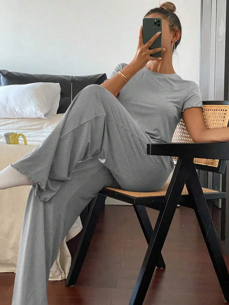 Casual Tops Two Piece Set Women Outfits Short Sleeve Crop High Waist Wide Leg Trousers Sets Streetwear Woman Pants Suit Mujer