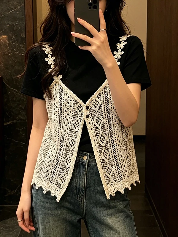 plus Size Women's Fashion Lace Splice Short Sleeve Slimming T-Shirt Korean Style round Neck Casual Breathable Summer Top