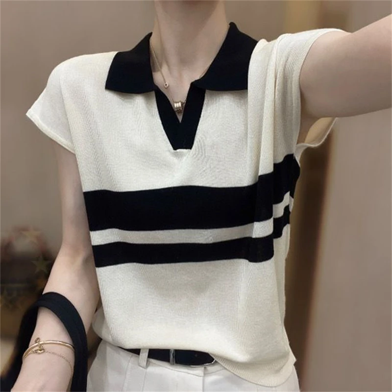 Women Simple Fashion Striped Polo Collar Ice Silk Thin Knitted T Shirt 2024Summer Female Casual Short Sleeve Loose Pullover Tops