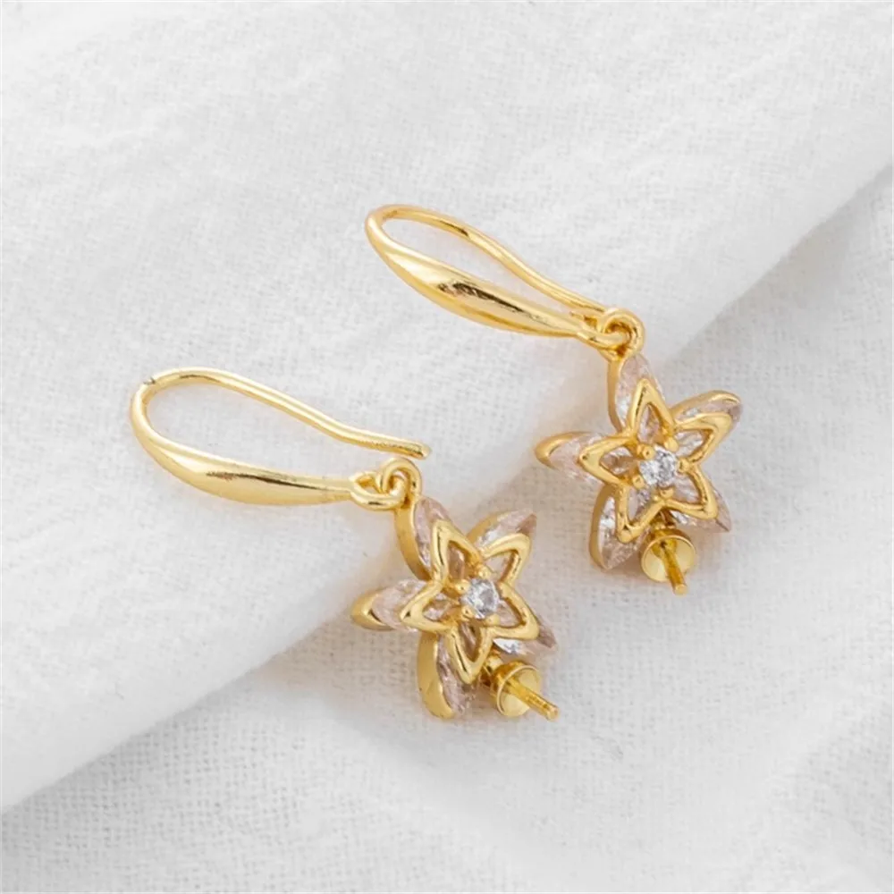 18K Gold Bag Zircon Five-Leaf Flower Belt, Needle Ear Hook, DIY Jewelry Accessories, Earrings Accessories