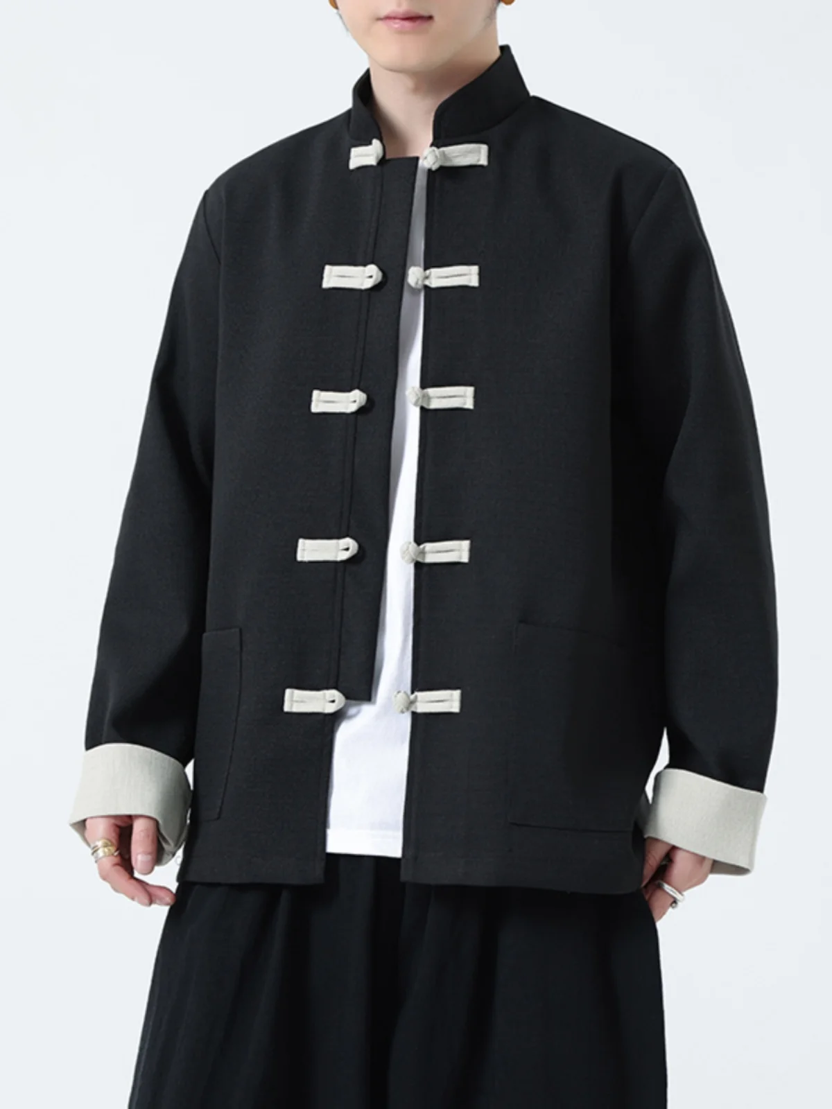 

Мужская весенне-осенняя куртка-танк с воротником-стойкой, комбинированная, в стиле ханьфу, молодежная, повседневная, с декоративными пуговицами