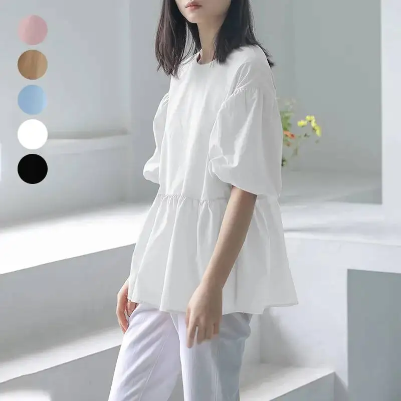 

Japanese and Korean Summer New 5-color Short Sleeve Round Neck Shirt Women's Tie Lantern Sleeve Minimalist Style Solid Color
