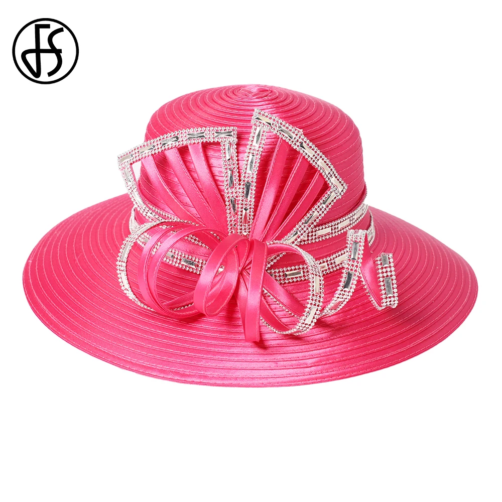 FS Elegant White Wide Brim Top Hats For Women With Bow Wedding Bridal Millinery Formal Occasion Female Church Derby Cap 2024