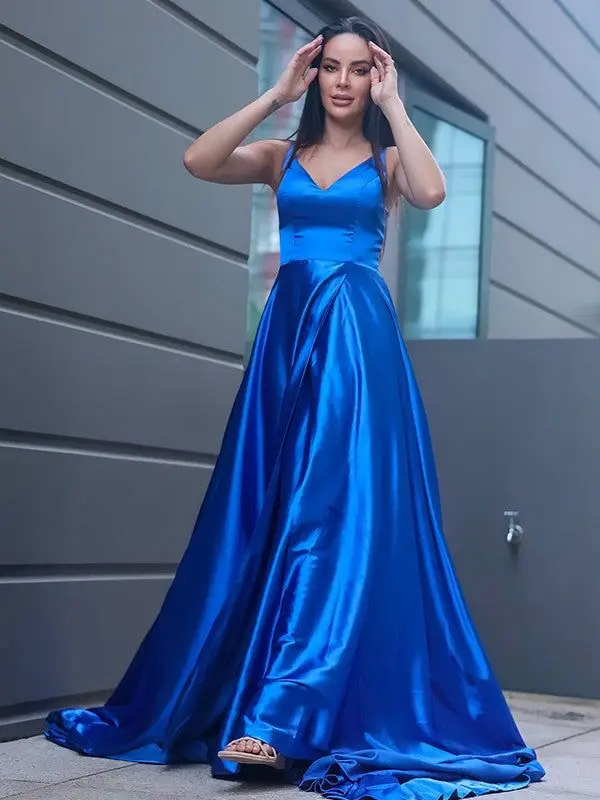 Vestidos de graduación largos elegantes de satén, elegantes vestidos de noche de fiesta formales personalizados con abertura frontal y tirantes finos, línea A, tren de barrido