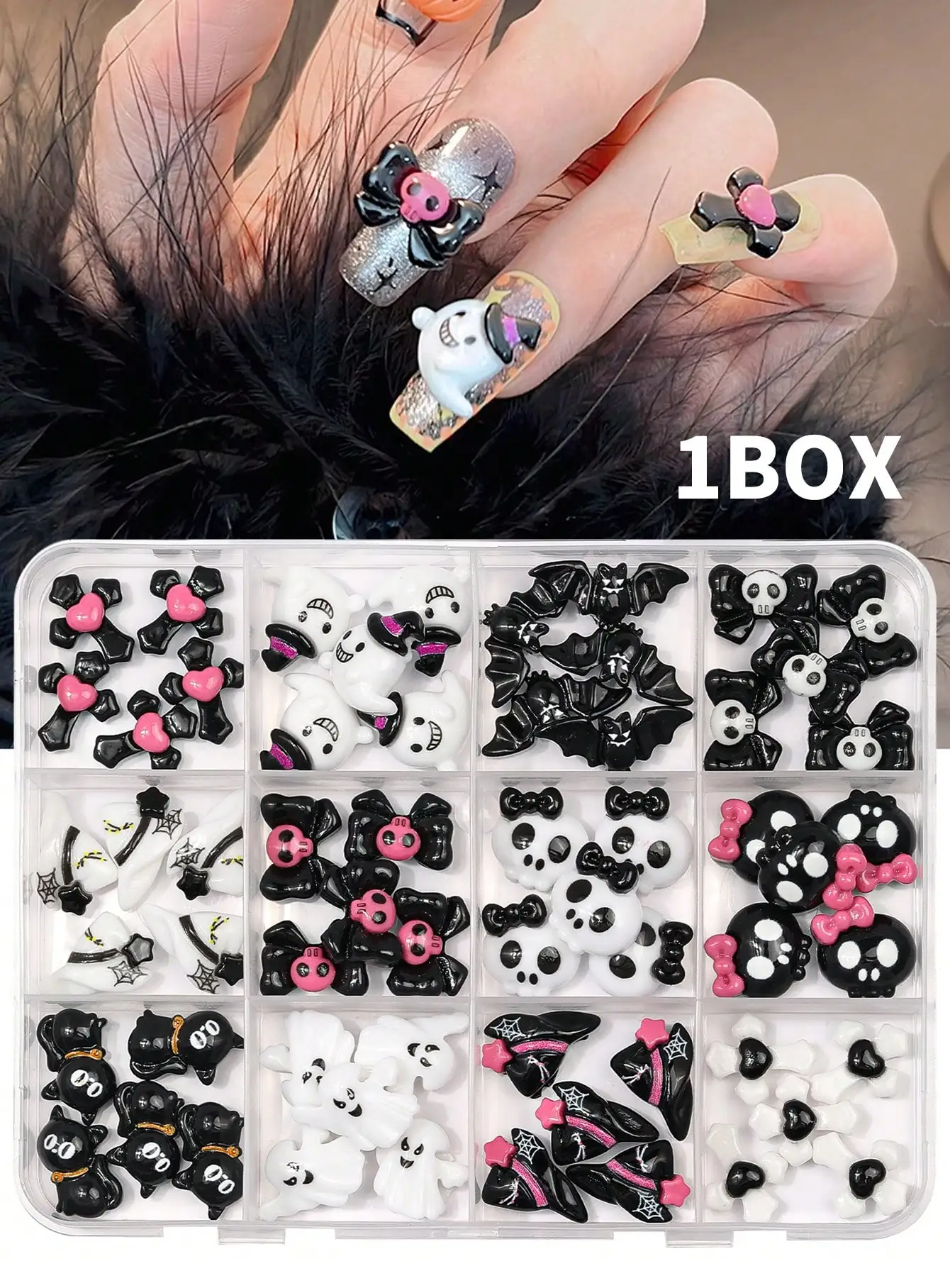 

60Pcs Halloween 3D Nail Charms Ghost Bat Skull Witch Hat Kawaii Nail Decor