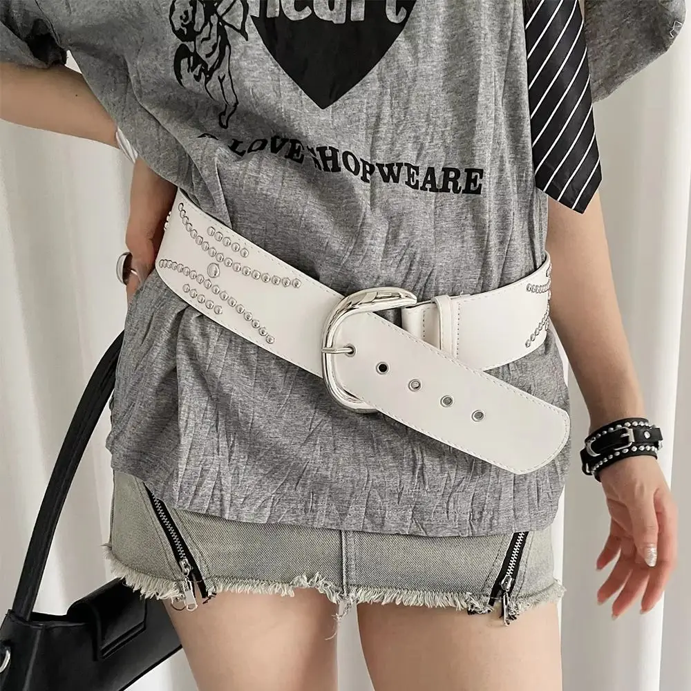 

Vintage Korean Women's Waist Belt Gothic Y2k Rivet Wide Belt Leather Punk Dress Jeans Belt Skirt Accessory