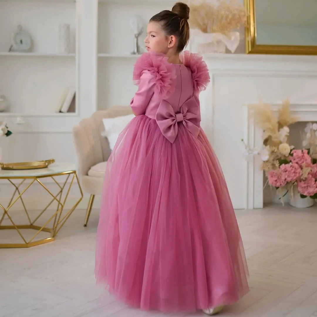 فستان فتاة الزهور الوردي المخصص من التول مع فيونكة نصف كم لحفلات الزفاف وأعياد الميلاد وحفلات التواصل المقدس