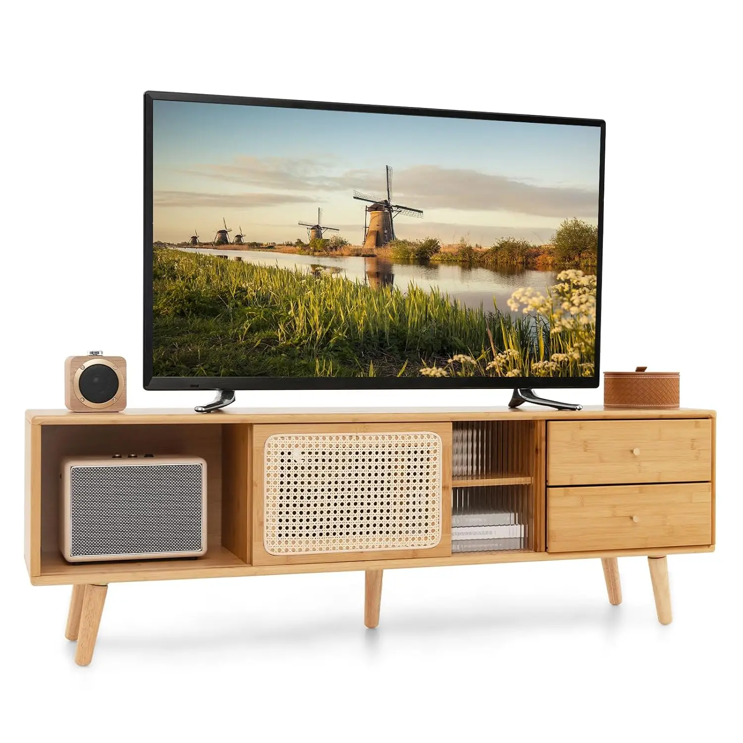 Bamboo TV Stand 55-65 Inch, Rattan Center with Sliding Doors & Drawers, Open Shelves, 5 Wood Legs, 2 Cable Holes, , Customized