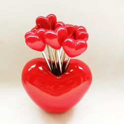 Cute Red Loving Heart Stainless Steel Fruit Forks, Plastic Fork for Fruit Cake Sausage Fork, Food Picks for Kids