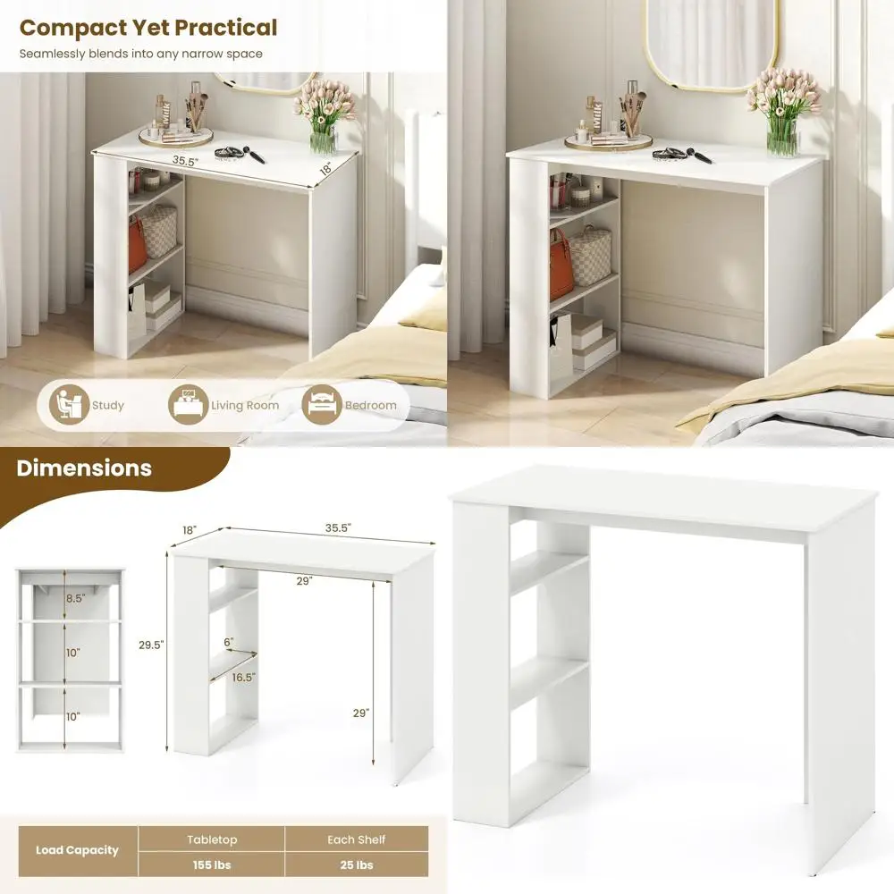 

Compact White 3-Tier Bookshelf Desk for Home Office, Study, Living and Bedroom Spaces