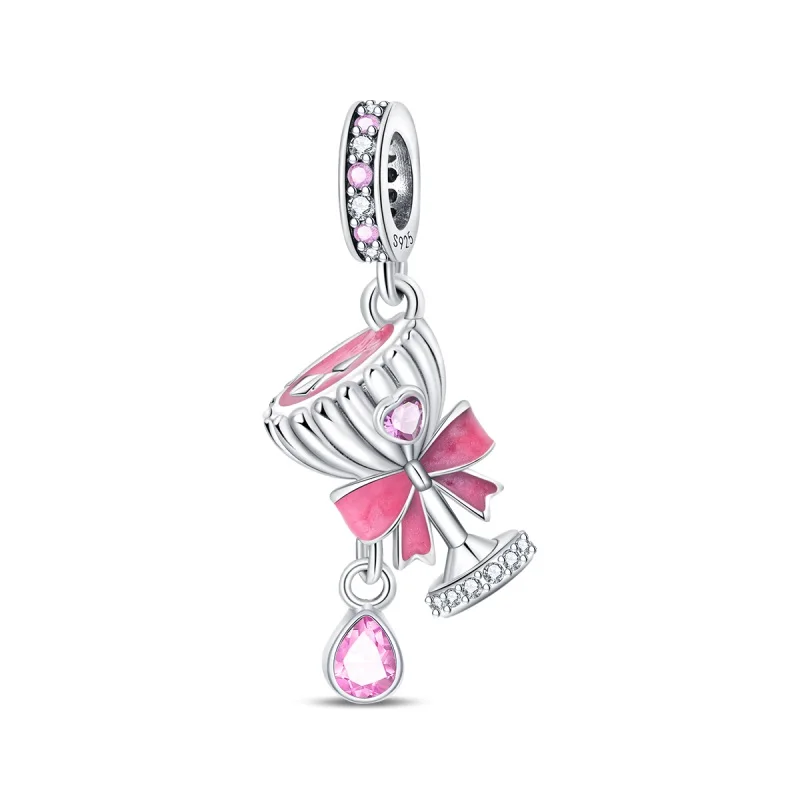 Original 925 Sterling Silber Süße Wein Glas Charm Perlen Glänzende Zirkon Baumeln Anhänger Fit Armband DIY Frauen Schmuck