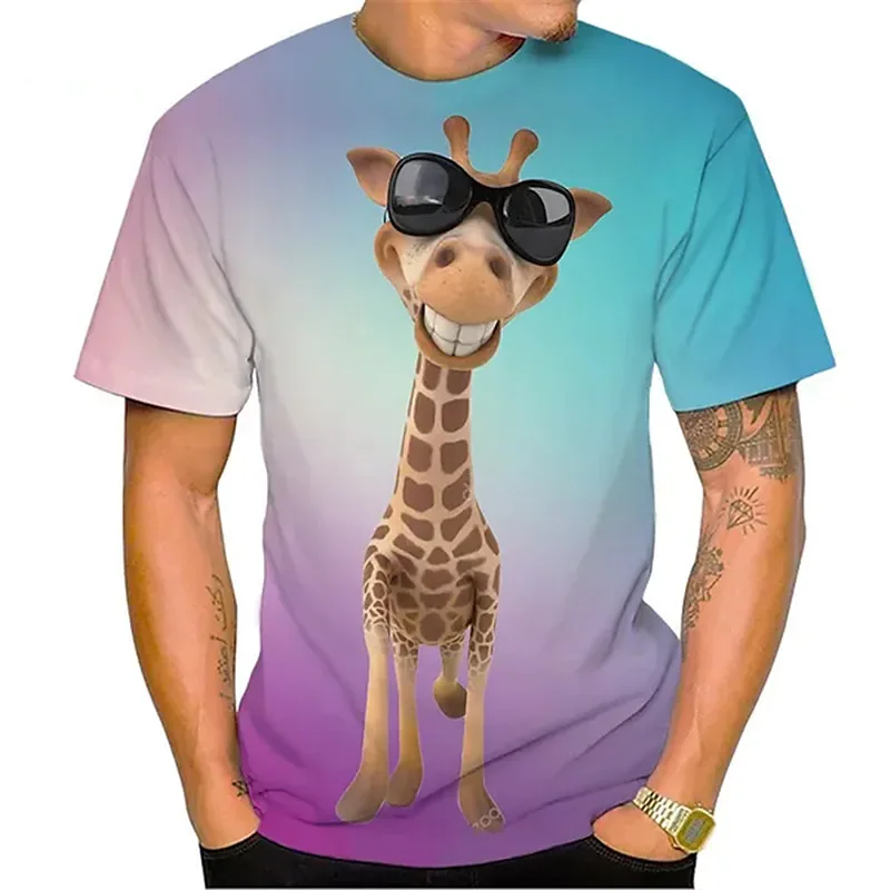 Summer Men\'S 3d Printed Giraffe Animal T-Shirt Fashion Casual O Collar Short Sleeve Street Funny Fun Loose Breathable Top