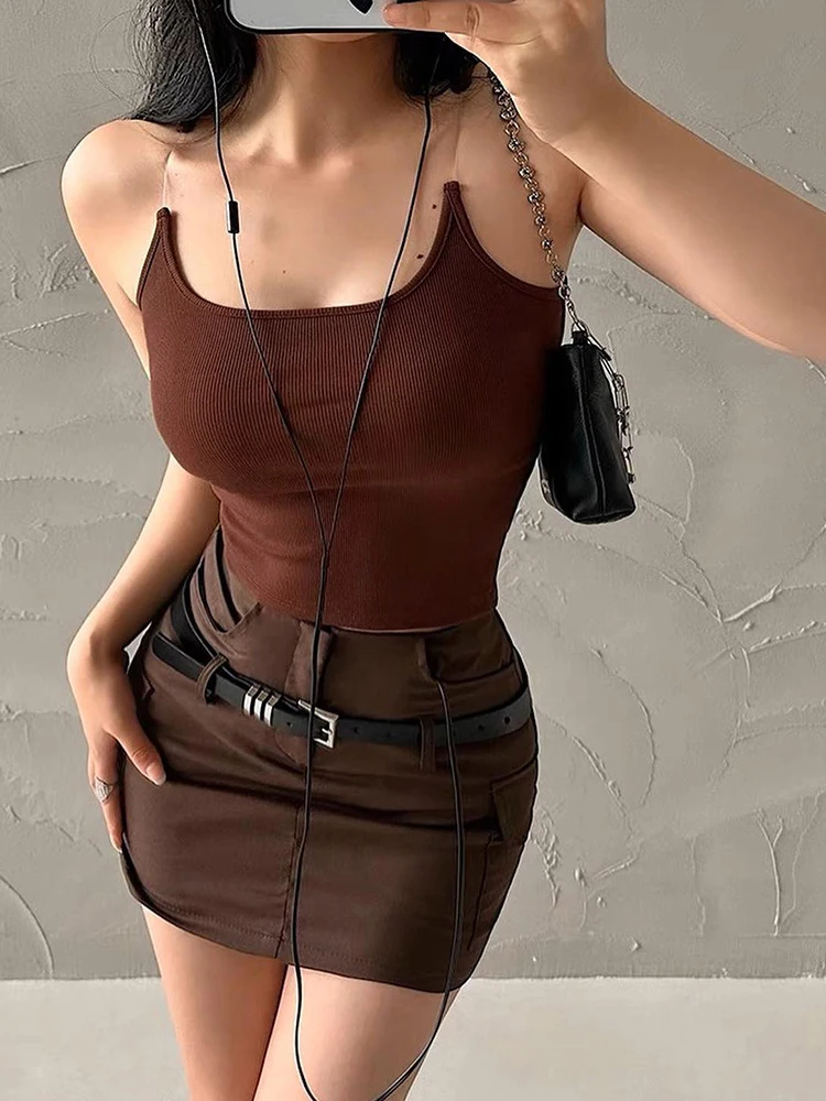 Invisible Straps Hot Sexy Women's Street Y2k Mini Tank Top Sleeveless U Collar Solid Slim Fit 2023 Summer Patchwork Cropped Tops