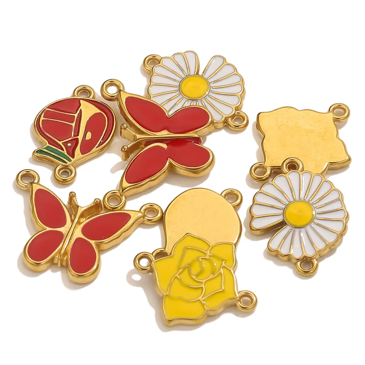 4pcs Stainless Steel Enamel Vintage Flower Charm Gold Plated for DIY Necklace Bracelet Anklet Jewelry Making Materials Wholesale