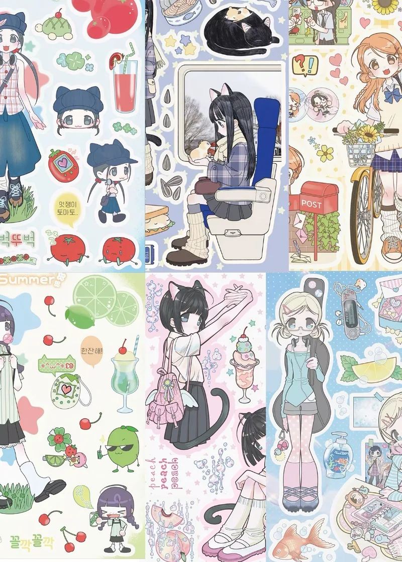 Tomato-Indigo-Sun-Lime-Blush-Aqua Six-Panel Cat-Train-Post-Soda-Peach-Fish Girls for Deco Planners