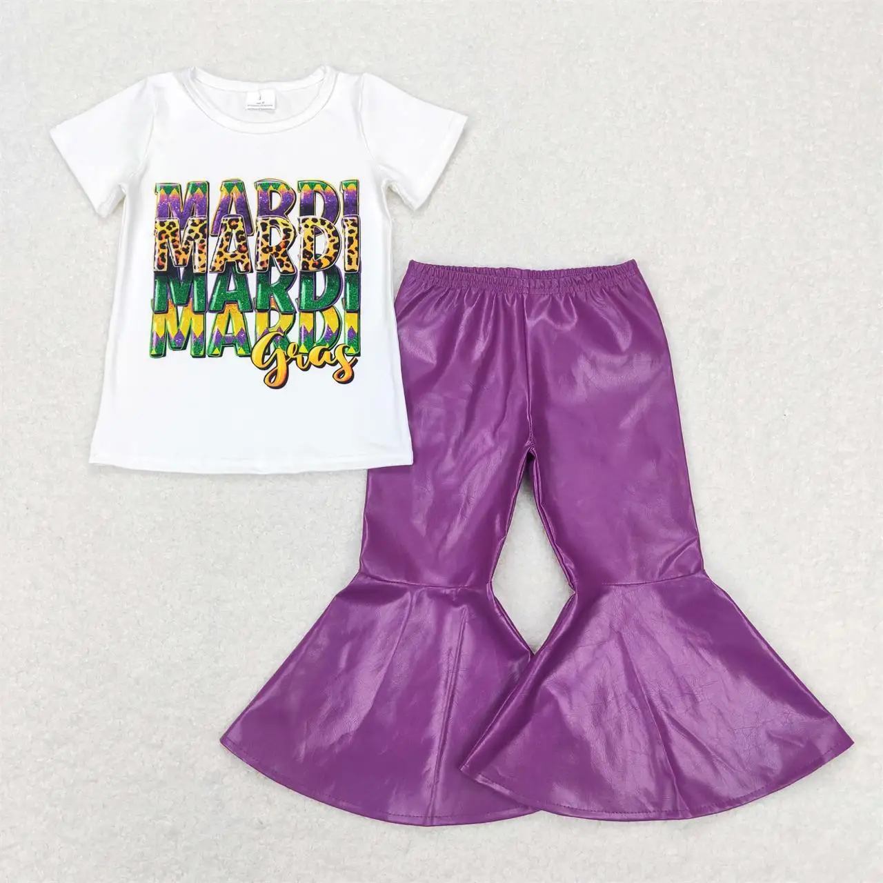 

Wholesale Baby Girl Kids Mardi Gras Set Short Sleeves T-shirts Toddler Children Purple Leather Bell Bottom Pants Trousers Outfit