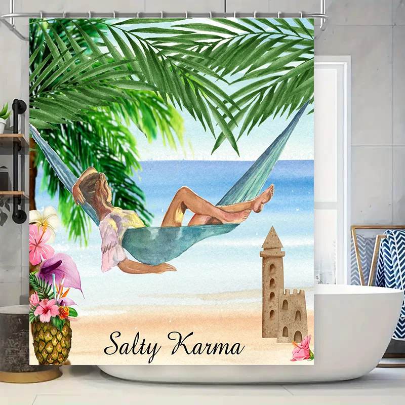 

Тропический рай, занавеска для душа, гамак, пляжный песочный замок, ананас, гибискус, релаксация, спа-декор 180x245 см