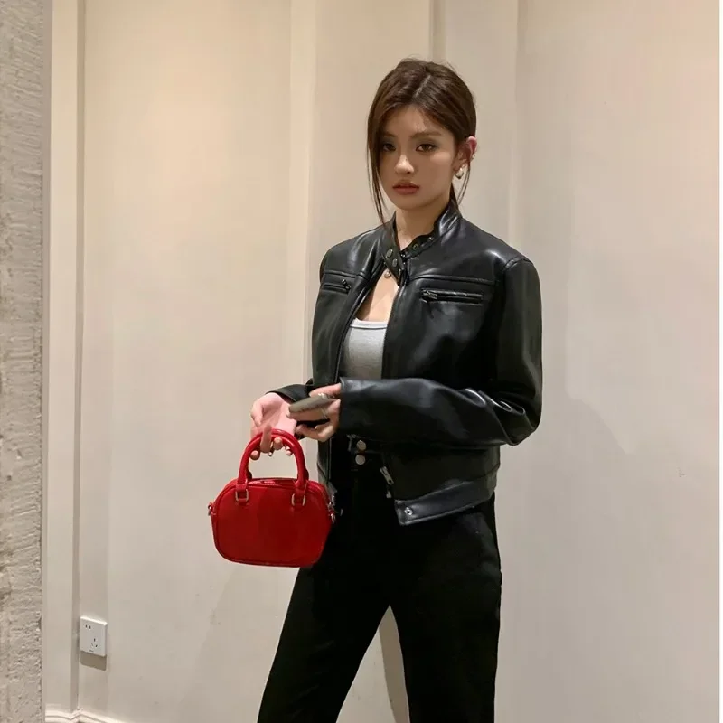 

2025 American Retro Women Vintage Faux Suede Leather Jacket Full Sleeve Biker Coat Zipper Short Outwear Black