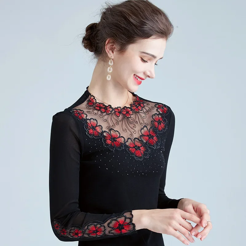 

Элегантные тонкие сетчатые топы с бриллиантами M-4XL, черная футболка Blusas, распродажа, осенняя женская футболка с длинными рукавами и вышивкой
