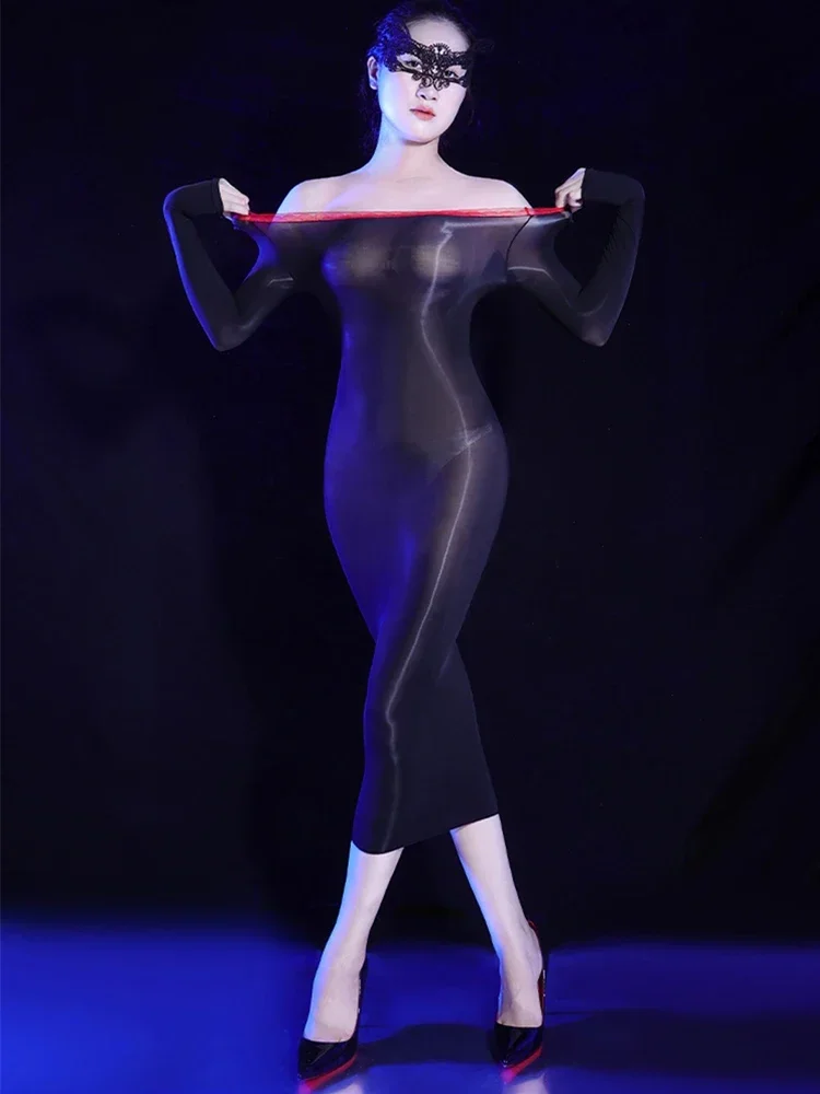 Damskie sukienki ołówkowe z odkrytymi ramionami Rękawiczki z pięcioma palcami Długie sukienki jednoczęściowe 5D Cienka, przezroczysta, błyszcząca, błyszcząca sukienka biodrowa