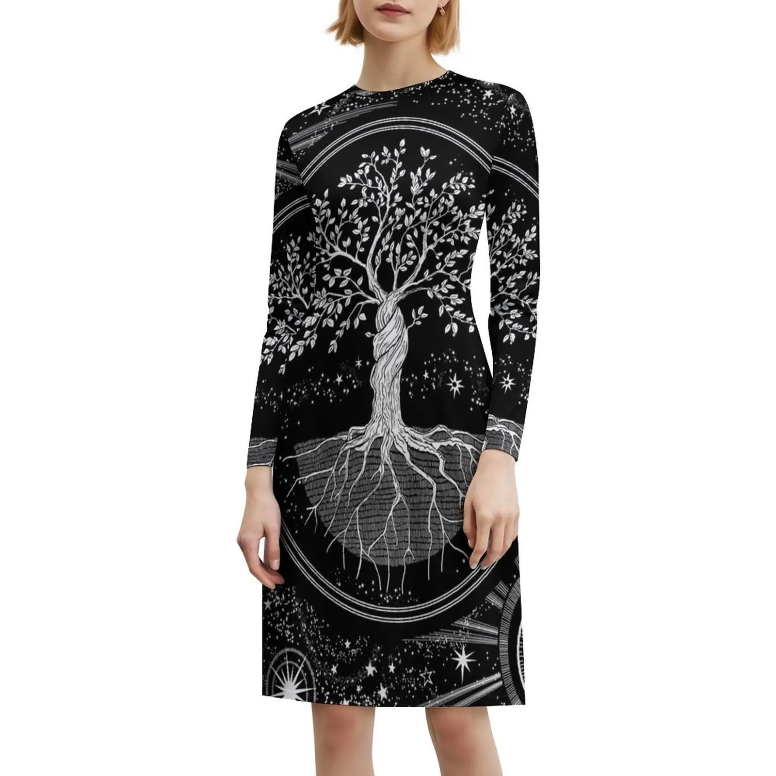 شجرة الحياة السماوية البوهيمي فستان بلا أكمام للنساء طباعة فساتين حفلات الشاطئ شجرة الحياة السماوية السحرية الغامضة