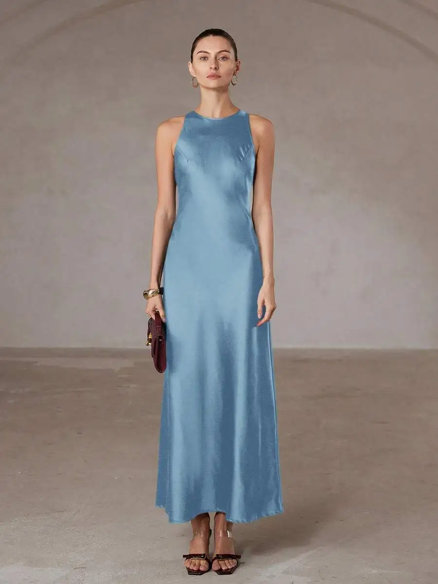 

Minimalist Elegant Asymmetric Hem Double-Sided Satin-Like Acetate A-Line Sleeveless Maxi Dress For Women