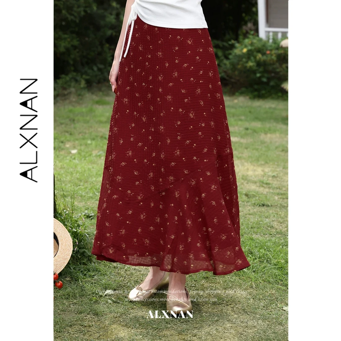

ALXNAN Red Floral Skirt High Waist Elegant Elastic Waist Long Skirts Women Summer Fashion Holiday Beach Female Skirts L632127