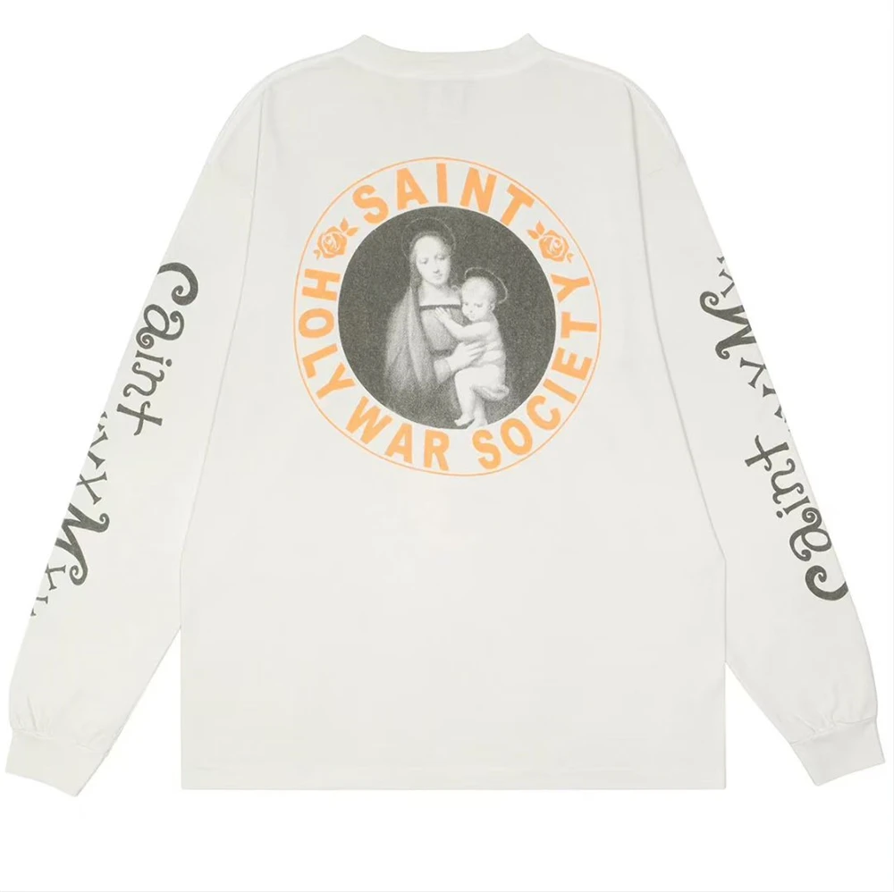 25fw Saint T-Shirt Long Sleeves Oversize Vintage White T Shirt High Quality Cotton T Shirt