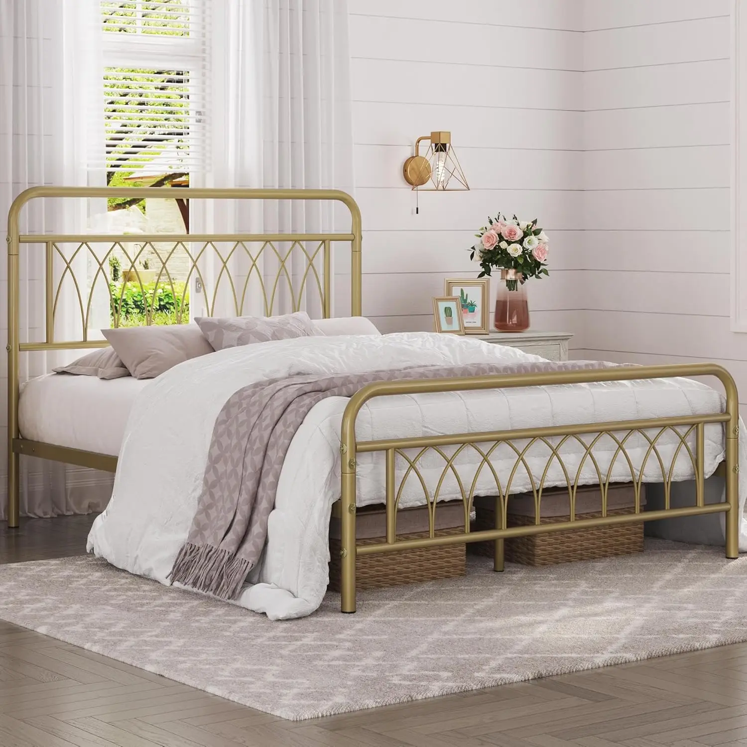 Queen Bed Frame Metal Platform Bed with Petal Accented Headboard/Footboard/14.4 Inch Under Bed Storage