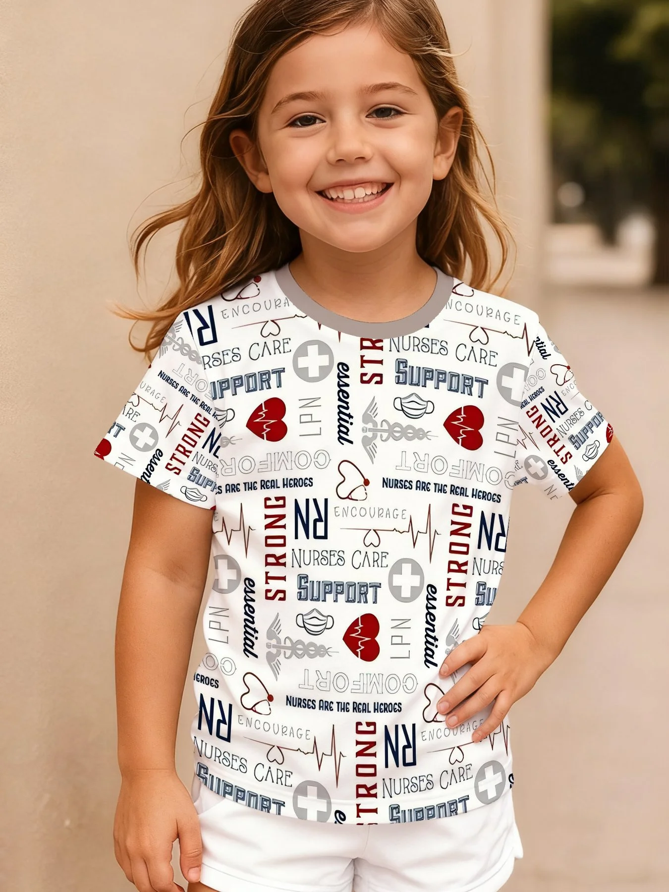 Kids Crew Neck T-Shirt, All Over Printed Nurse RN Symbols, Girls Medical Appreciation Short Sleeve Tee