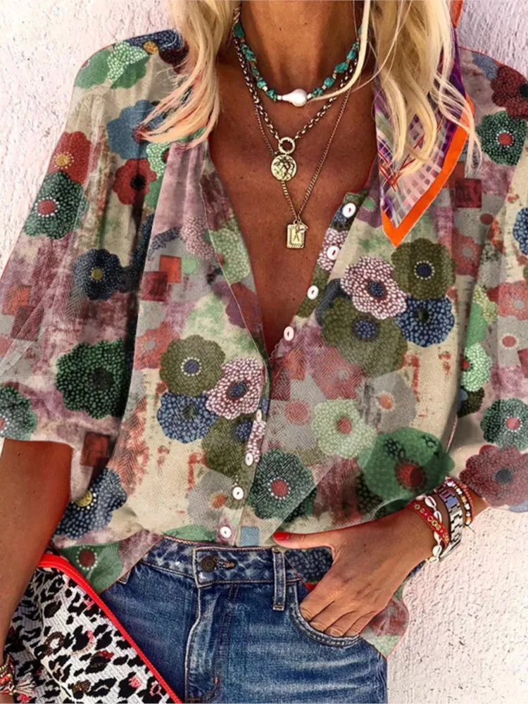 

Boho Print Shirt Top For Women Fashion V Neck Long Sleeve Button Shirts Tops Lady Casual Holiday Womens Clothing Spring New 2025