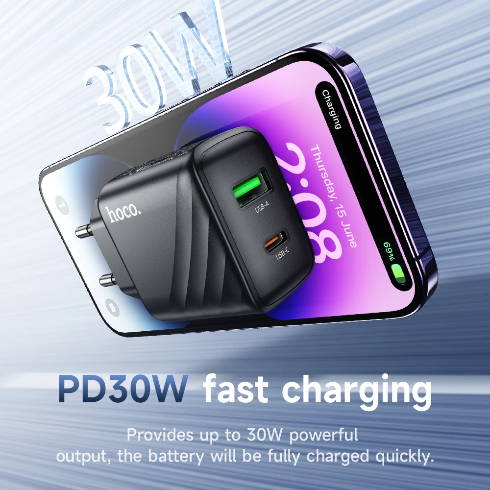 HOCO PD30W USB Type C Charger For iPhone 16 Plus 15 14 13 12 Pro Max fast Charge QC 3.0 1C1A For Samsung S24 S23 Phone Charger