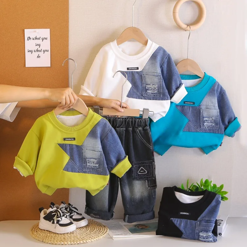 

Комплекты одежды для мальчиков, весна-осень 2026, детский свитшот, джинсовые штаны, модный костюм из 2 предметов для малышей, спортивные костюмы, детская одежда для малышей