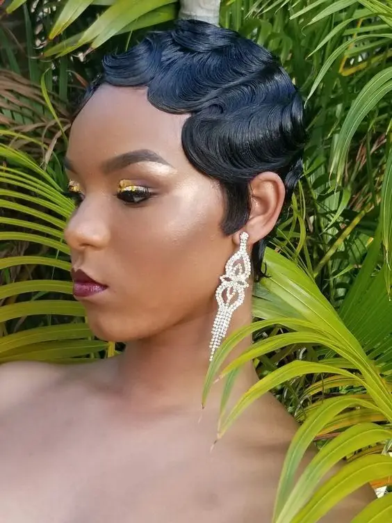 

Black Finger Wave Pixie Cut Wig Lace Front Wigs L Part Glueless Soft