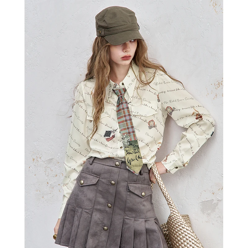 ELFSACK Women's Preppy Cartoon Print Blouse with Pocket Details, Long Sleeve Lapel Top for Everyday, Graphic Button Down Shirt